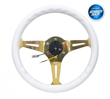 NRG WHITE WOOD GRAIN/CHROME GOLD SPOKE 350MM 1.5" DEEP DISH WOOD GRAIN STEERING WHEEL